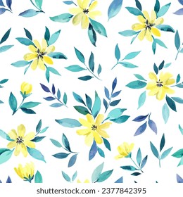 Aquarellfarben nahtlose Muster mit hübschen, zarten gelben Blumen. Vektorgrafik