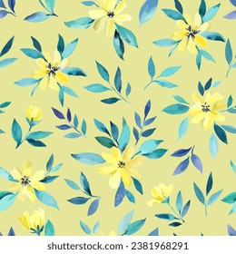 Watercolor seamless pattern with pretty delicate yellow flowers. Vector illustration