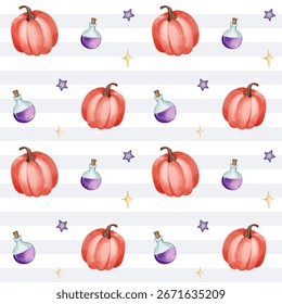 Padrão de aquarela sem emenda com abóboras, poção e estrelas. Plano de fundo mágico de Halloween