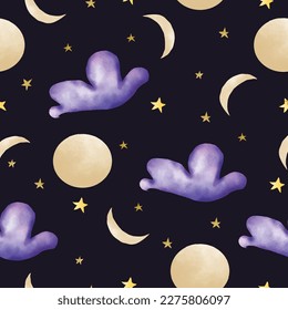 Watercolor seamless pattern with purple clouds and the moon and the stars on a black background.