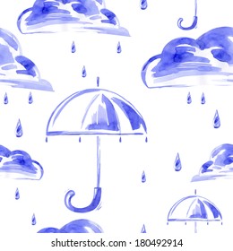 Watercolor seamless pattern with rain, cloud and umbrella. Vector.