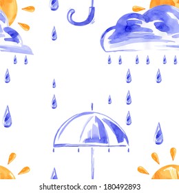 Watercolor seamless pattern with rain, clouds, sun and umbrella. Vector.