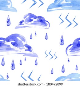 Watercolor seamless pattern with rain and lightning. Vector.