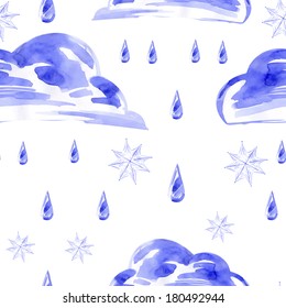 Watercolor seamless pattern with rain and snow. Vector.