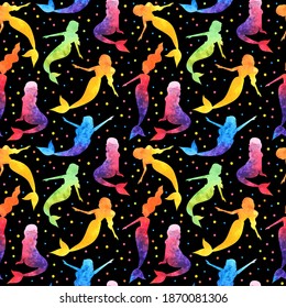 watercolor seamless pattern with rainbow mermaids, underwater world, vector illustration