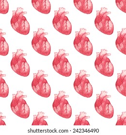 Watercolor seamless pattern with realistic human heart on the white background, aquarelle.  Vector illustration. Hand-drawn pattern useful for invitations, scrapbooking, design. Valentine, love.
