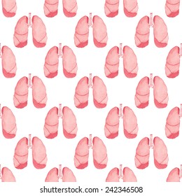 Watercolor seamless pattern with realistic human lungs on the white background, aquarelle.  Vector illustration. Hand-drawn pattern useful for invitations, scrapbooking, design. Valentine, love.