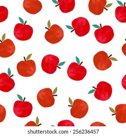 Watercolor seamless pattern with red apples on the white background. Hand drawn design. Vector illustration