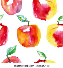 Watercolor seamless pattern with red apples. Hand drawn design. Vector summer fruit illustration.