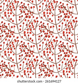 Patrón acuarela sin fisuras con ramas de bayas rojas. Ilustración vectorial para el diseño de paquetes de regalo, envoltura, tela de patrones, papel tapiz, sitios web y otros. 