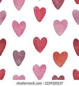 Patrón acuarela sin fisuras con corazones de color rojo. Perfecto para tarjeta, tela, etiquetas, invitación, impresión, envoltura