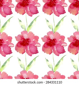 Watercolor seamless pattern with red flowers. Bright background for your design and decor.