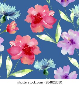 Watercolor seamless pattern with red flowers. Bright background for your design and decor.