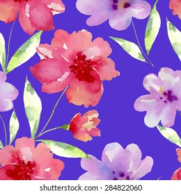 Watercolor seamless pattern with red flowers. Bright background for your design and decor.