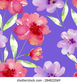 Watercolor seamless pattern with red flowers. Bright background for your design and decor.