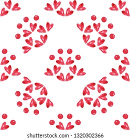 Watercolor seamless pattern with red heart and dot on white background. Seamless watercolor love pattern.
