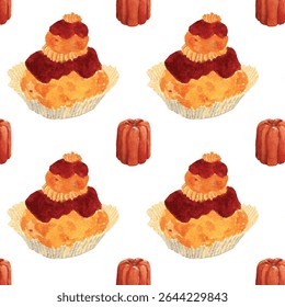 Aquarela Padrão Sem Costura de Religieuse e Canelé - Ilustração de Sobremesa Francesa. Arte em aquarela de repetição contínua . Perfeito para marca de pastelaria, embalagem, papel de embrulho, decoração de cozinha.