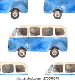 Watercolor seamless pattern with retro travel van