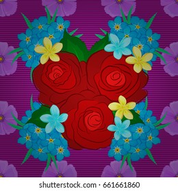 Watercolor seamless pattern with rose and green leaves. Trendy print on purple background. Exquisite pattern with rose flowers and leaves in vintage style. Beautiful pattern for decoration and design.
