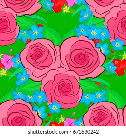 Watercolor seamless pattern with rose and green leaves. Beautiful pattern for decoration and design. Trendy print on a green background. Exquisite pattern with rose flowers and leaves in vintage style