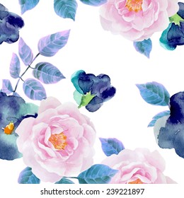 Watercolor seamless  pattern with roses and violets. Background for web pages, wedding invitations, save the date cards.