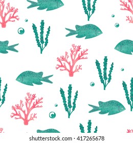 Watercolor seamless pattern with sea fish and seaweed isolated on white. Underwater world, vector background. 