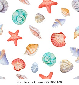 Watercolor seamless pattern with sea shells on white background, vector illustration.