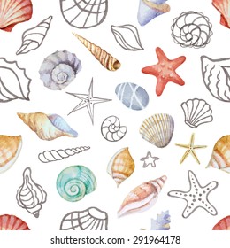 Watercolor seamless pattern with sea shells on white background, vector illustration.