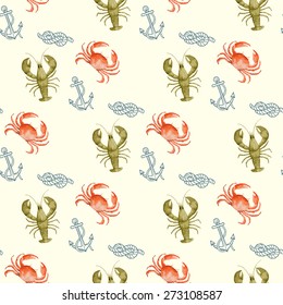 Watercolor seamless pattern with seafood on white background. Vector illustration.