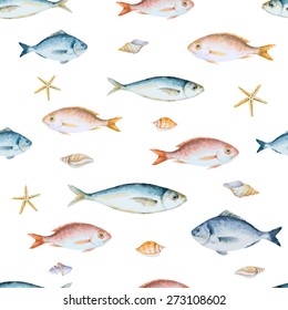 Watercolor seamless pattern with seafood on white background. Vector illustration.