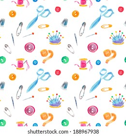 Watercolor seamless pattern with sewing tools.