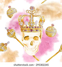 Watercolor seamless pattern with skull, crown, scepter. King's regalia. 