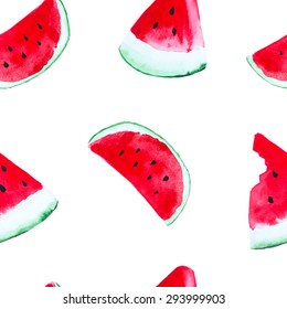 Watercolor seamless pattern with slices of watermelon. Hand drawing.