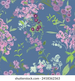 Watercolor seamless pattern with spring flowers, buds and twigs with leaves Vector design 