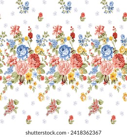 Watercolor seamless pattern with spring flowers, buds and twigs with leaves Vector design 