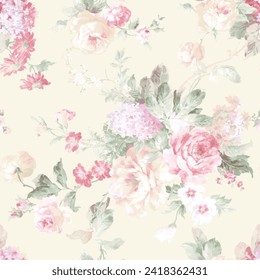 Watercolor seamless pattern with spring flowers, buds and twigs with leaves Vector design 