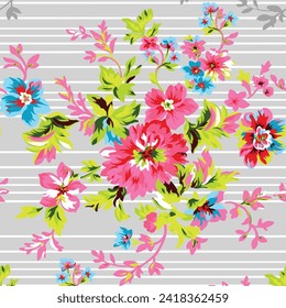 Watercolor seamless pattern with spring flowers, buds and twigs with leaves Vector design 