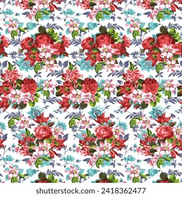 Watercolor seamless pattern with spring flowers, buds and twigs with leaves Vector design 