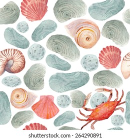 Watercolor seamless pattern with stones beach, sea shells and small crab. Hand drawn vector texture on white background