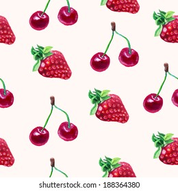 Watercolor seamless pattern with straberries and cherries. Hand drawn design. Vector illustration.