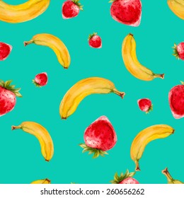 Watercolor seamless pattern with strawberries and bananas on turquoise background . Hand drawn design. Vector summer fruit illustration.