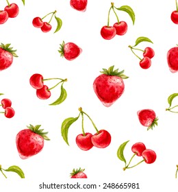 Watercolor seamless pattern with strawberries and cherries. Hand drawn design. Vector summer fruit illustration.