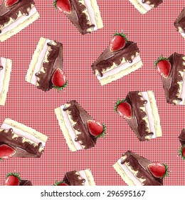Watercolor Seamless pattern with strawberry cake