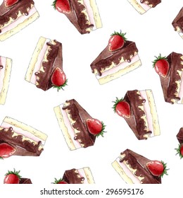 Watercolor Seamless pattern with strawberry cake