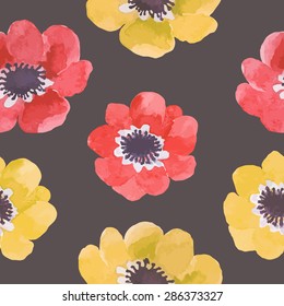 Watercolor seamless pattern with summer anemones. Floral background for your design and decor.