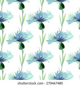 Watercolor seamless pattern with summer flowers cornflower. Background for your design and decor.
