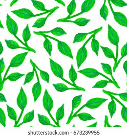 Watercolor seamless pattern with summer leaves on white background.