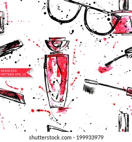 Watercolor seamless pattern with sunglasses, mascara, nail polish and perfume. Fashion illustration. Vector.