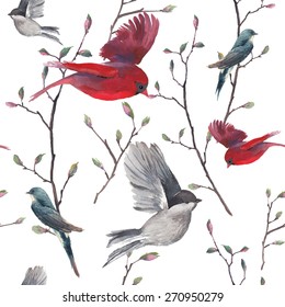 Watercolor seamless pattern with swallow, red cardinal birds and tree twigs. Vector hand drawn spring background. Vintage repeating wallpaper 