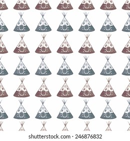 Watercolor seamless pattern with teepee on the white background, aquarelle. Vector illustration. Hand-drawn decorative element useful for invitations, scrapbooking, design. Native american stylization